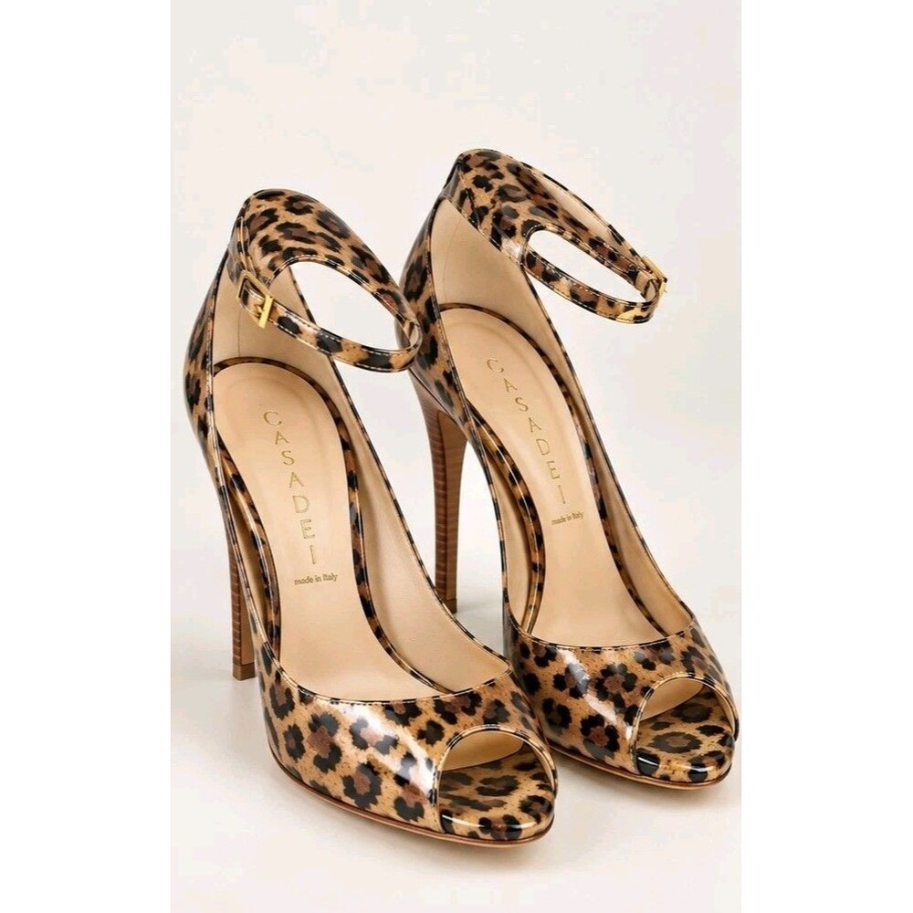 Casadei Leopard Patent Leather Peep Toe Slingback Stiletto Heels 38 Retro Glam